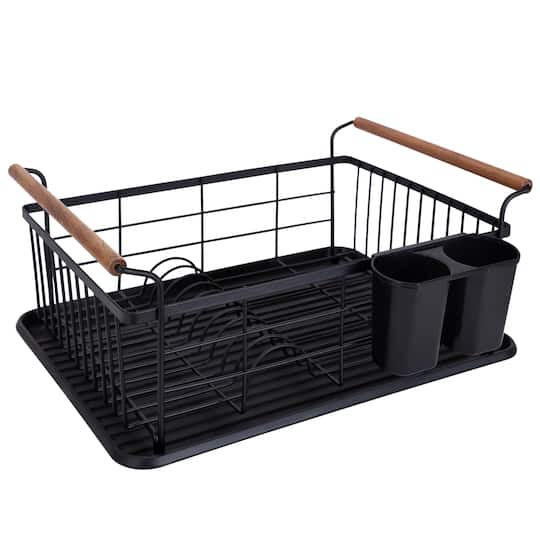 Kitchen Details Acacia Wood Black Drying Rack with Draining Tray